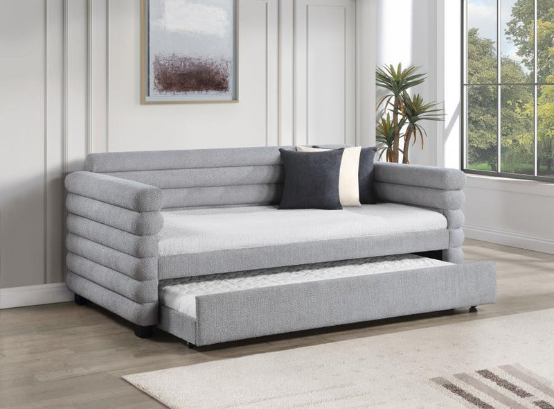 Patricia - Arms & Slats Boucle Upholstered Twin Day Bed With Trundle - Gray