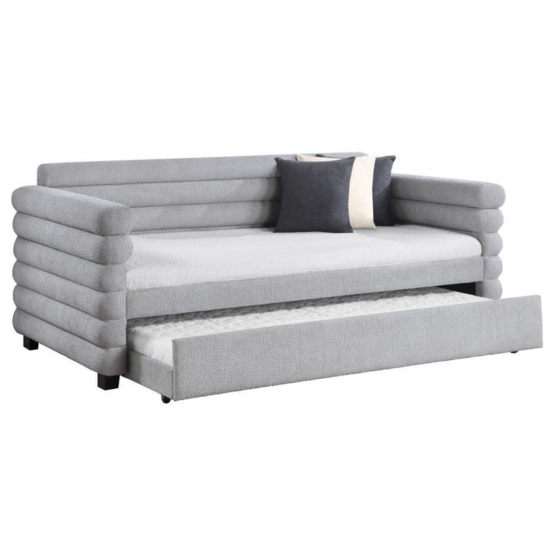 Patricia - Arms & Slats Boucle Upholstered Twin Day Bed With Trundle - Gray