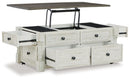 Havalance - Lift Top Cocktail Table with Storage Drawers - White / Gray