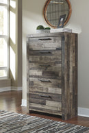 Derekson - 5 Pc. - Queen Panel Headboard with Bolt on Bed Frame, Dresser, Mirror, Chest, Nightstand - Multi Gray