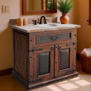 STONE TOP CARVING VANITY WITH SINK STONE TOP VANITY SINGLE BURNISHED COPPER SINK FEATURES TOOLED LEATHER DRAWER AND DOOR INSERTS STAINLESS DRAWER GLIDES AND HAND FORGED STEEL WORK Available in a variety of woods and copper sink finishes