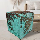 Square Ottoman - Distressed Embossed Croc Turquoise On Brown - Height: 16" Length: 16" Width: 16"