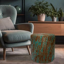 Round Ottoman - Distressed Embossed Floral Turquoise On Brown - Height: 16" Diameter: 15"