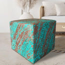 Square Ottoman - Distressed Embossed Floral Turquoise On Brown - Height: 16" Length: 16" Width...